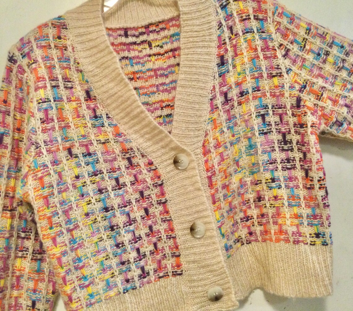 90s Pastel Cardigan Sweater Multicolor Goldmetallic Knit Etsy