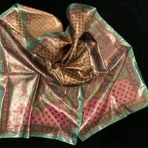 Metallic Paisley Scarf/Polyester/Italy/Pink+Green+Gold/Long Rectangle 10x54”/Fancy-Formal-Sparkly/Vintage 1980s
