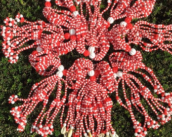 Vintage Red Beaded Garland-Swag-Ornament/Tassels/Glass+Plastic Beads “Whatsit?” Macrame-Style/Christmas/Candy Cane Stripe/Handmade
