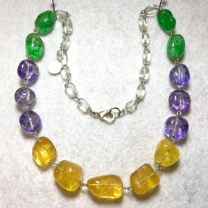 Quartz Bead Necklace Choker & Earrings/Pastel Purple-Green-Gold/Tumbled Stone Nuggets/Large-Chunky/Summer/Handmade 2pc SET