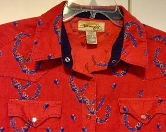 Western Blouse-Shirt-Top/Red Equestrian Horseshoe Print/Corduroy/"Wrangler" Button Up/Kentucky Derby/Country/Woman's XL (chest 48”/Vintage