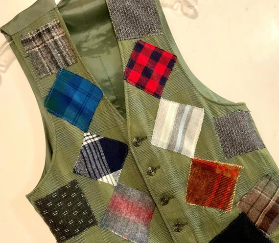 Patchwork Vest/Multicolor Plaid/Wool/Repurposed M… - image 1