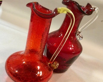 50s Mini Crackle Glass Vase-Pitcher Pair/Ruby Red Cranberry Blown Glass/Handle/Small Handblown 2pc Set/Vintage Mid-Century 1950