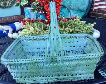 SALE—Vintage Wicker Basket/Asian-Chinese-Oriental/Painted Turquoise Blue/Woven Reed-Rattan/Splint-Handle/Easter/Large