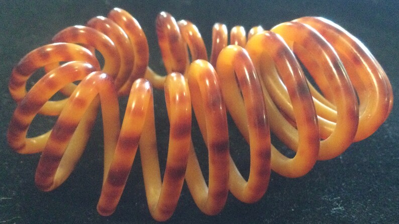 Bakelite-Style Spiral Coil Bangle Bracelet Stretch Spring Acrylic BrownButterscotch Tortoise Print Large Wide Size Small Vintage