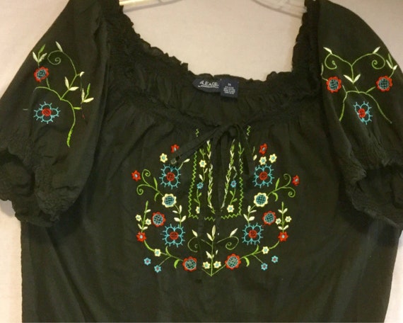 Black Floral Embroidered Peasant Blouse-Top/Hunga… - image 1