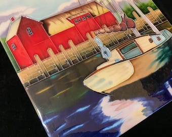 Rockport MA Motif #1 Wall Plaque Tile/Ceramic/Coastal Nautical Beach House Wall Decor/11”Wx14”H/Vintage