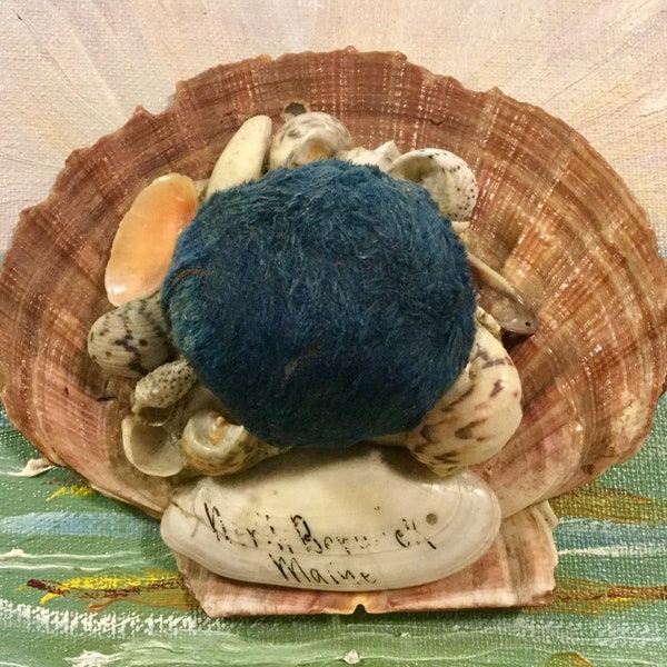 Maine Shell Pincushion/"North Berwick Maine" Souvenir/Nautical Victorian Seashell Sailor Art/Primitive/Handmade/Vintage Victorian