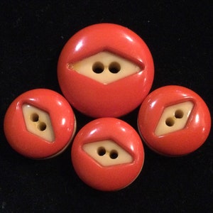 Orange Buttons/Plastic-Acrylic/2 Hole Sew-Thru/4 Piece Set/Orange-Yellow/Large 1.25” & Small 1”/Vintage 1940s