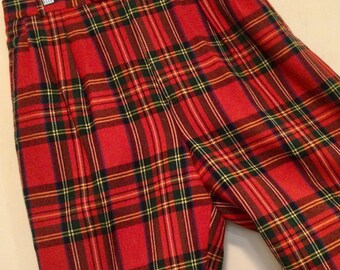 Vtg Mens Red Plaid Dress Slacks-Pants-Trousers/Red Royal-Stewart Tartan/Wool/“Asher”/29Wx31L”/Unisex/Preppy/Christmas/Vintage