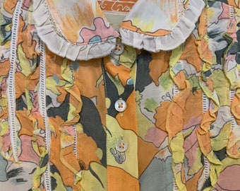 Robert Graham Blouse-Shirt-Top/Orange Floral Print/Button Up/Silk/Short Sleeve/India/Woman’s Size 6 (chest 36”) Vintage 1980s
