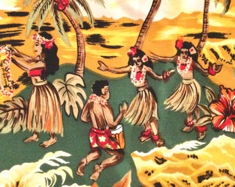 May include: A colorful fabric print featuring a Hawaiian scene. The design includes figures in traditional attire, palm trees, and tropical flowers. The background has a yellow and green color scheme.