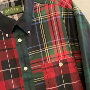 Orvis Shirt/Button-Up/Patchwork Tartan Plaid/Button-Down Collar/Long Sleeve/Red-Black-Green-Blue/Cotton/Hong/Kong/Mens Large/Vintage