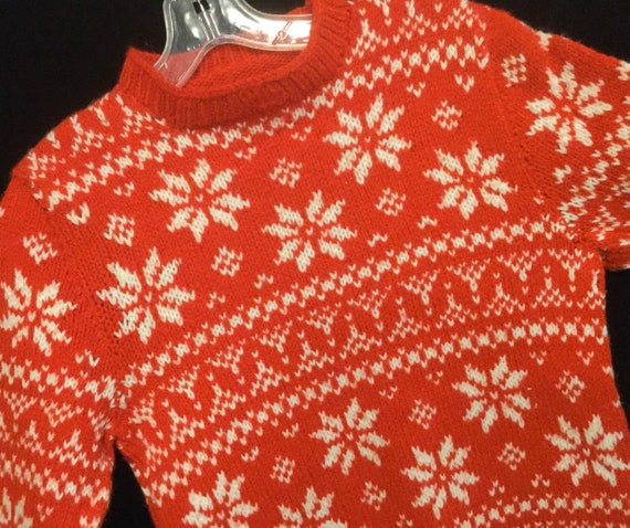 Hand Knit Nordic Sweater Fair Isle Red Snowflake P