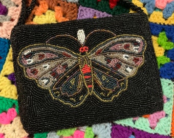 Black Beaded Evening Bag-Purse-Handbag/“Christiana”/Butterfly Embroidery/Metallic/Micro Glass Beads/India/Small 5x6.5”/Vintage 1990