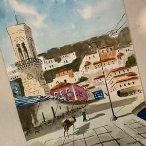 Vintage Spanish Painting/Mexico CityScape/Original Watercolor with Pen & Ink/Signed/Wood Frame with Glass/Vintage