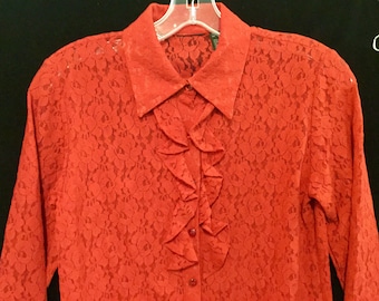 Lace Blouse-Top/Red/Floral/Ruffle/Button Up/Long-Sleeve/Sheer See-Thru/Fancy Evening-Wear/Christmas/Woman’s Small (chest 34”) Vintage 1990