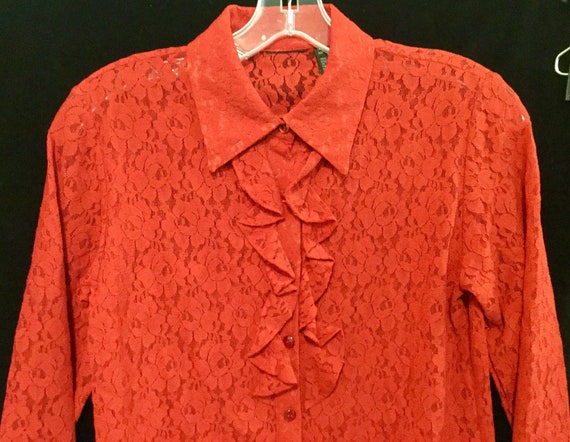 Lace Blouse-Top/Red/Floral/Ruffle/Button Up/Long-… - image 1