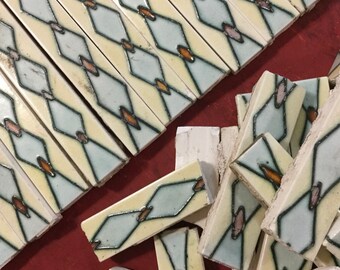 1930 “Pardee Matawan” Loose Ceramic Tile Shard Accent Trim Pieces/Aqua Art-Deco Diamond-Print/Bathroom-Kitchen-Mantel/Full & BROKEN/Vtg