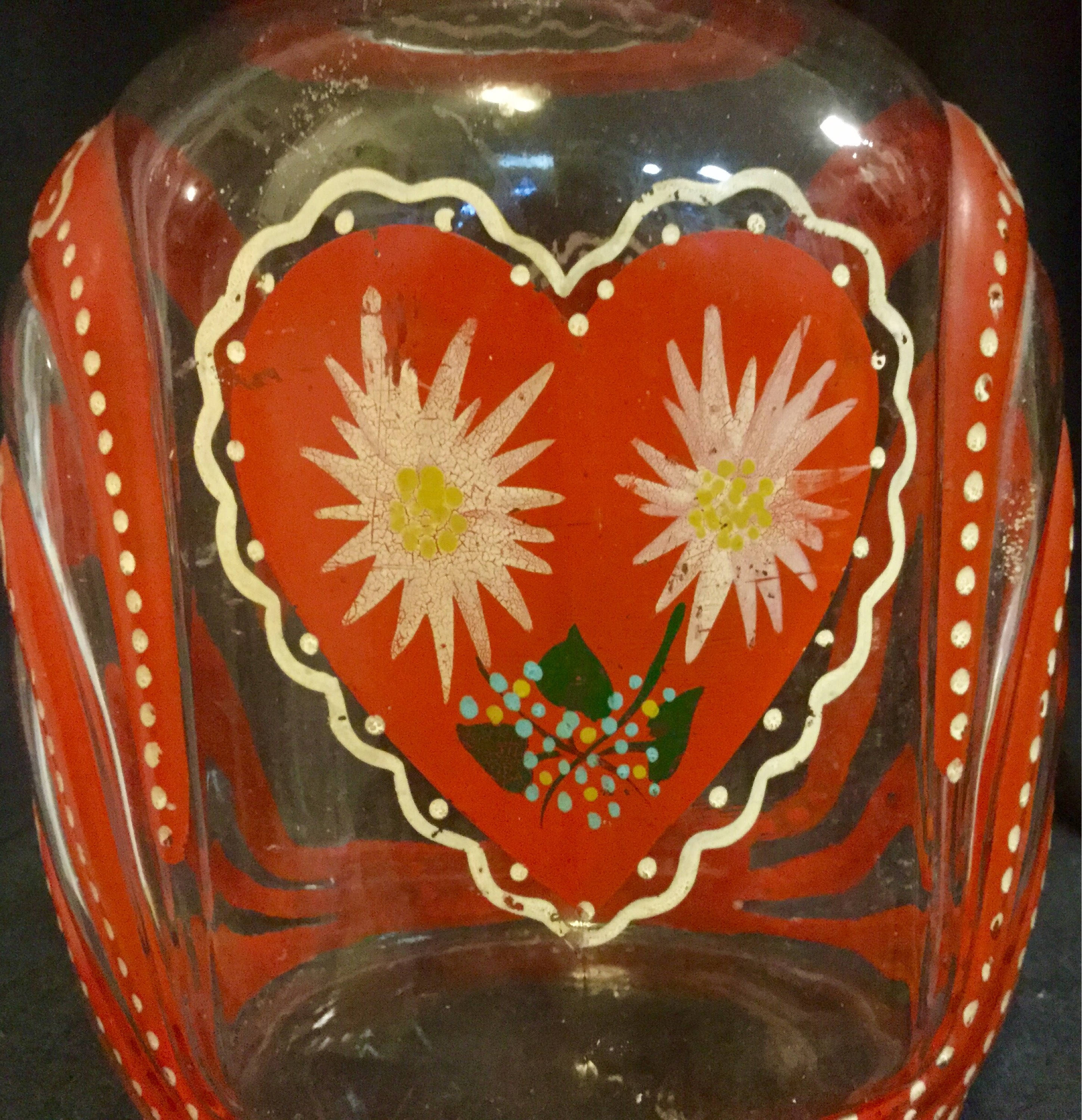 Folk Art Glass Bottle Jug Red Heart Hand Painted Floral Etsy