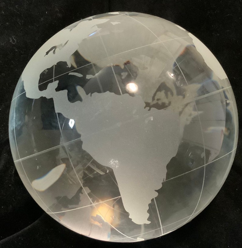 Glass Paperweight/Crystal/Globe-Earth-World-Orb-Sphere/Clear Etched Glass/Large 4.5”W & 3.5 Pounds/Handmade/Vintage afbeelding 6