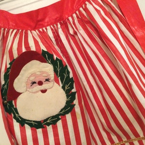 Vintage Christmas Half-Apron/Santa Claus Appliqué & Embroidery/Pocket/Red+White Striped/Xmas Holiday Decor/Handmade-Hand Sewn/Vintage 1950s