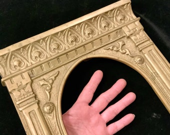 Brass Picture Frame/Photo Frame/Ornate/Architectural/Religious?/Arched/Fireplace Mantel Decor/Large-XL/11.5”x16.5”/Vintage