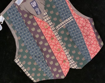 Patchwork Vest/GAP/Striped Print Panels/Necktie-Style/Multicolor/Polyester/Dressy-Fancy-Formal/Woman’s Size S/P (chest 34”) Vintage  1980s