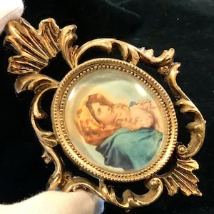 Madonna Print/Religious/Madonna of the Streets Framed Plaque/Raffaello Ferruzzi/Italy/Gold Plastic Frame-Dome/Small 4”Wx5.5”H/Vintage 1950