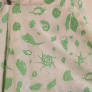 1970 Key West Wrap Skirt/Nautical Screen Print/Shell-Seashell-Seahorse/Green+White/Woman/Waist 32”/Preppy/Summer/Handsewn-Handmade/Vintage