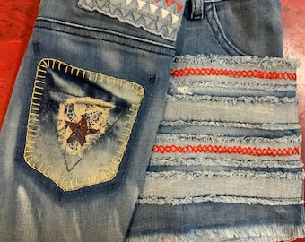 Patriotic Jean Shorts/4th of July/Blue Denim/US Flag/Upcycled/Stars & Stripes/GUESS JEANS/Embroidered/Woman (Waist 28”-30”) Handmade/Vintage