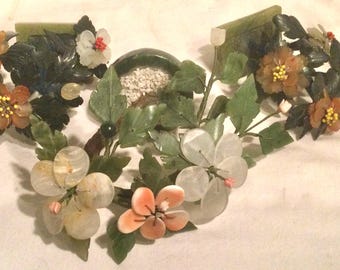 Jade Tree Set/Gemstone Rose Quartz Flowers & Jade Leaves/Semi-Precious Stones/Bonsai/Asian/3 Piece/Small-Miniature 4-5”H/Vintage