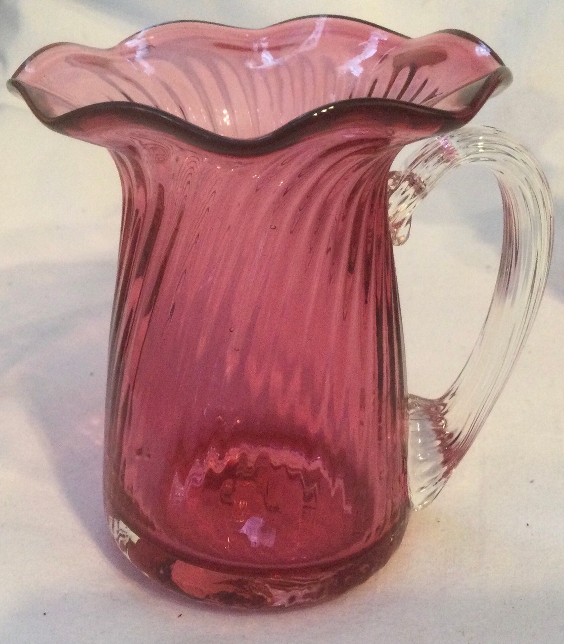 Handblown Cranberry Glass Vase Pair Swirl Appliedhandle Etsy