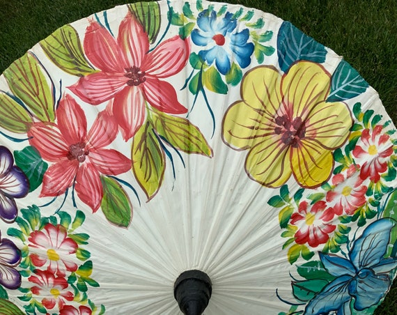 Vtg Asian Floral Parasol Umbrella/Bamboo & Canvas… - image 5