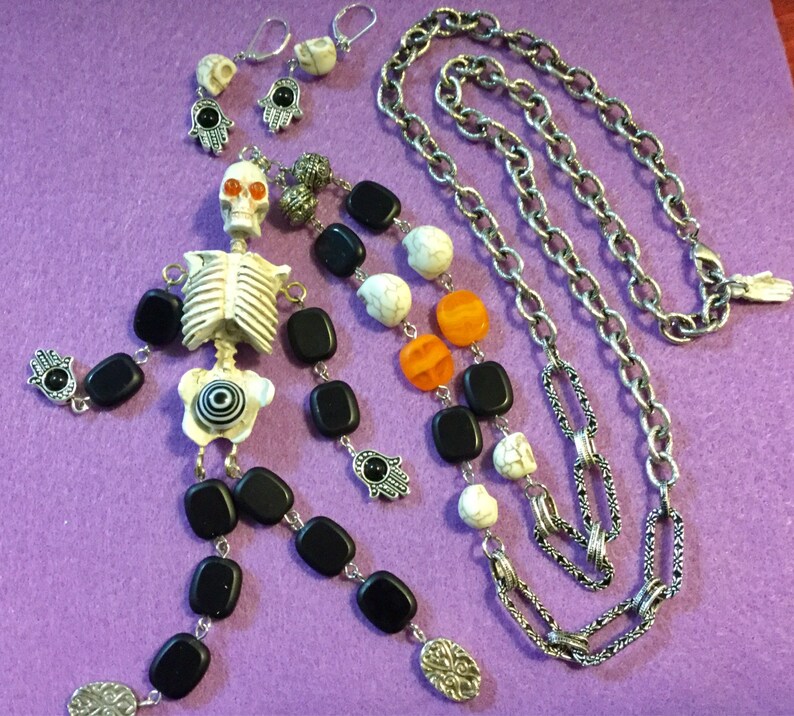 Halloween Skeleton Pendant Necklace & Earrings/skull Beaded Tassel/long