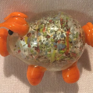 Murano ? Mini Glass Pig Figurine-Knick Knack/Blown Glass Animal/Handblown Art Glass/Multicolor Orange Silver Foil/Small/Handmade/Vintage