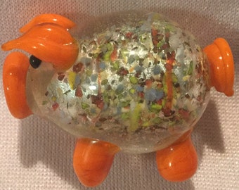 Murano ? Mini Glass Pig Figurine-Knick Knack/Blown Glass Animal/Handblown Art Glass/Multicolor Orange Silver Foil/Small/Handmade/Vintage