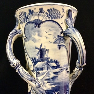 Delft Vase/Royal Bonn/ Franz Anton Mehelm/Blue & White/Dutch Porcelain Earthenware/Netherlands Windmill/Handle/Signed/Vintage Antique 1800s