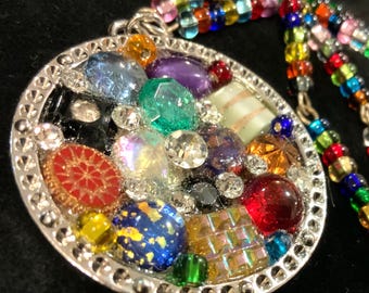 Rhinestone Necklace Pendant/Mosaic Stained Glass Medallion/Crystal Foil Cabochon Beads/Multicolor/Large/Vintage/Handmade