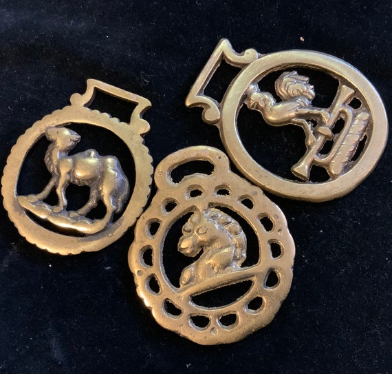 Vtg Brass Horse Bridle Medallions/equestrian Harness Hardware/horse-rooster-camel/collectible  3 Piece Set/vintage -  Sweden