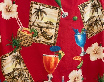 Cocktail Hawaiian Shirt/Button Up/Red/Hibiscus Flower/Winnie Fashion/Cotton/Mens (chest 48”) Vintage