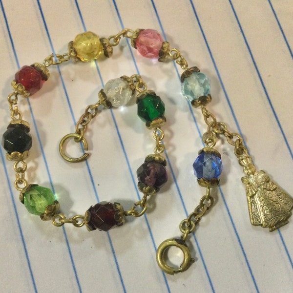 Vintage Rosary Bracelet/Catholic/Religious/Crystal & Brass/Multicolor “Infant of Prague” PRAY FOR US Christian Charm