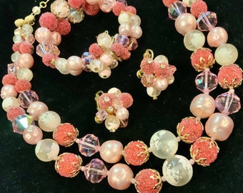 Beaded Necklace Parure Set/Choker+Bracelet+Earrings/Vendome/Sugar Coated Beads//2 Strand/AB Crystal/Orange-Faux Pearls/3 Piece/Vintage 1950