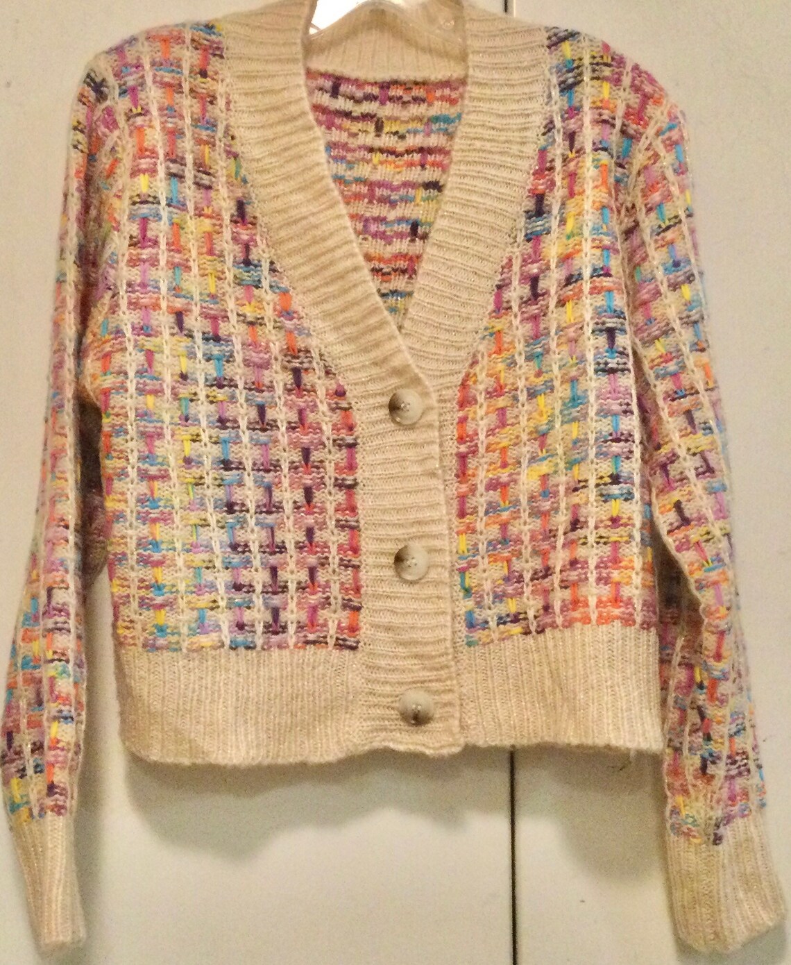 90s Pastel Cardigan Sweater Multicolor Goldmetallic Knit Etsy