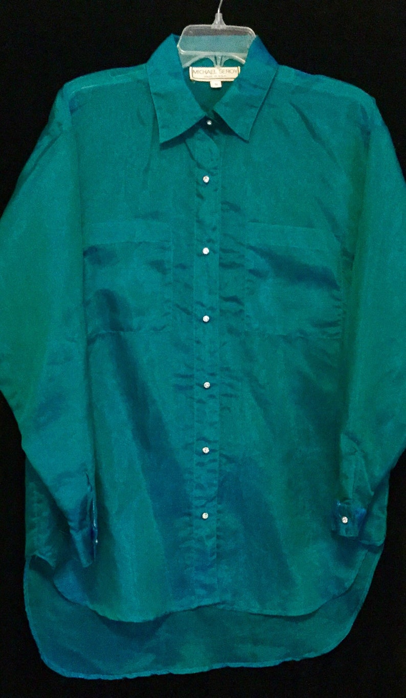 Green Metallic Blouse/shirt/top Sheer Chiffon Long Sleeve Etsy