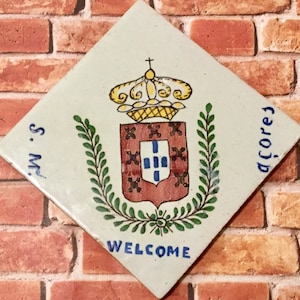 European Tile/Ceramic Clay/Welcome Shield Family Crest with Crown/Small Square 5x5”/Handmade/Hand Painted/Antique Vintage 1906