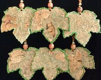 Beaded Maple Leaf Christmas Ornament Set/Cork/Nature/Fall-Autumn/Glitter/Country Farmhouse/Thanksgiving Decor/6 Piece Set/Handmade