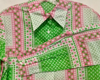 1970s Floral Blouse-Shirt/Button Up/Patchwork Print/Pink+Green Pastel Plaid/Geometric/Dagger Collar/Long Sleeve/Preppy/Woman 12/Vintage
