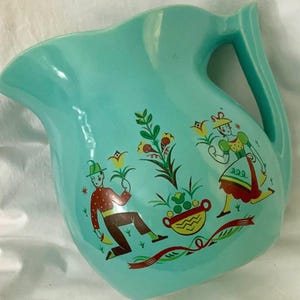 McCoy Cookie Jar-Water Pitcher/Gay Time Ceramic Pottery/Blue-Turquoise/PA Dutch-Scandinavian-German Folk Art/Large 3 Qt/Vintage 1950-1970s