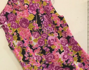 Floral Dress Sheath/Pink+Purple/Sleeveless/Knee-Length/Mandarin Collar/Polyester/Handsewn-Handmade/Woman Small (chest 36”) Vintage 1970